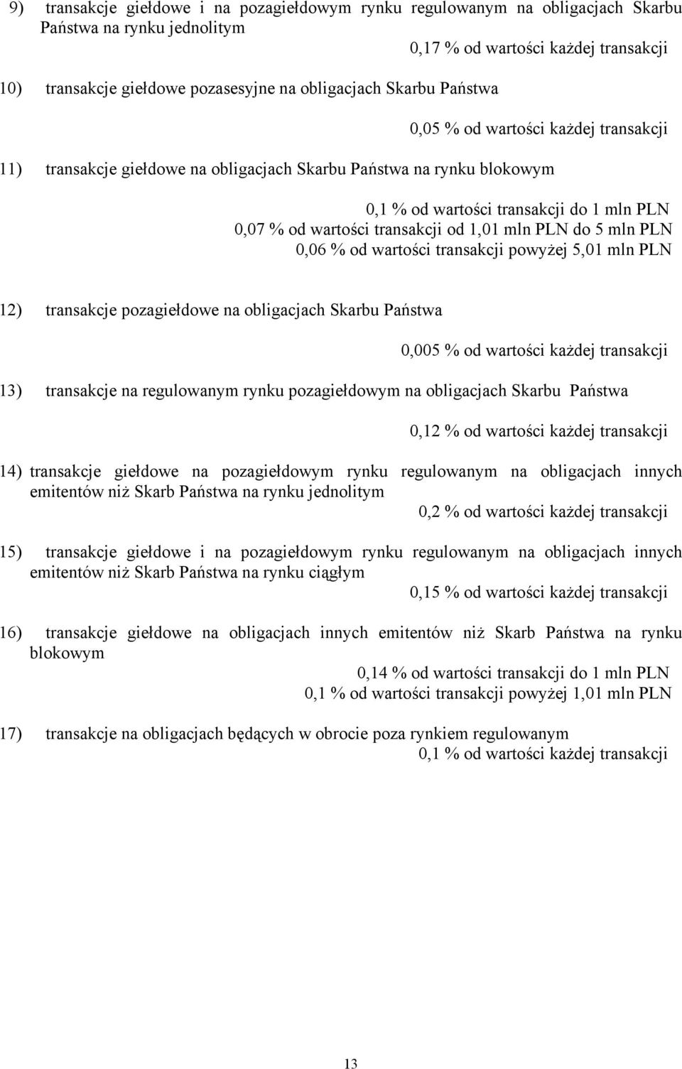 1,01 mln PLN do 5 mln PLN 0,06 % od wartości transakcji powyżej 5,01 mln PLN 12) transakcje pozagiełdowe na obligacjach Skarbu Państwa 0,005 % od wartości każdej transakcji 13) transakcje na