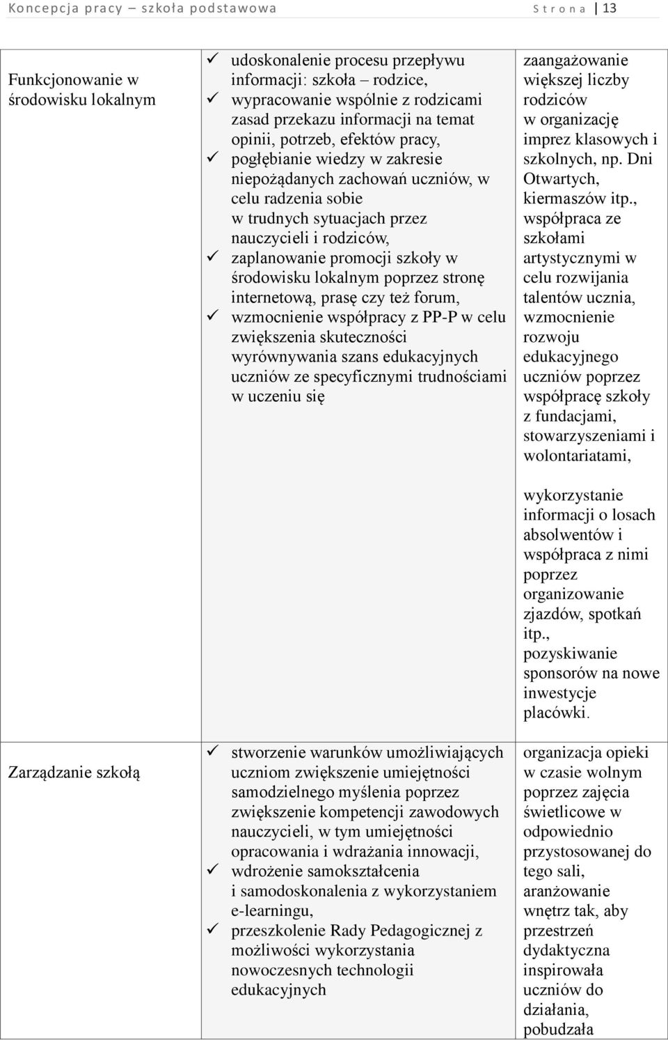 zaplanowanie promocji szkoły w środowisku lokalnym poprzez stronę internetową, prasę czy też forum, wzmocnienie współpracy z PP-P w celu zwiększenia skuteczności wyrównywania szans edukacyjnych