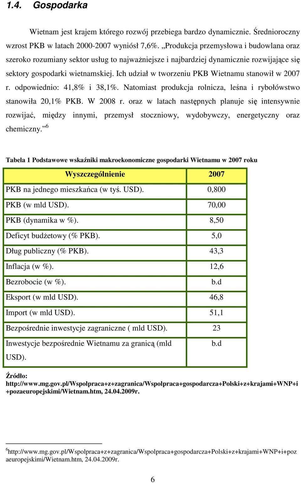 Ich udział w tworzeniu PKB Wietnamu stanowił w 2007 r. odpowiednio: 41,8% i 38,1%. Natomiast produkcja rolnicza, leśna i rybołówstwo stanowiła 20,1% PKB. W 2008 r.