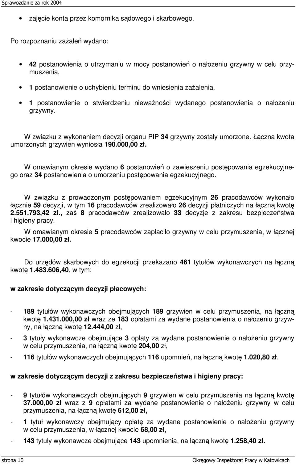 o stwierdzeniu nieważności wydanego postanowienia o nałożeniu grzywny. W związku z wykonaniem decyzji organu PIP 34 grzywny zostały umorzone. Łączna kwota umorzonych grzywien wyniosła 190.000,00 zł.