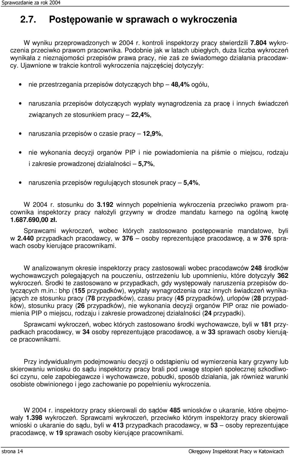 Ujawnione w trakcie kontroli wykroczenia najczęściej dotyczyły: nie przestrzegania przepisów dotyczących bhp 48,4% ogółu, naruszania przepisów dotyczących wypłaty wynagrodzenia za pracę i innych