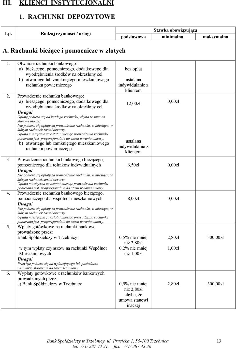 Prowadzenie rachunku bankowego: a) bieżącego, pomocniczego, dodatkowego dla wyodrębnienia środków na określony cel Opłatę pobiera się od każdego rachunku, chyba że umowa stanowi inaczej.