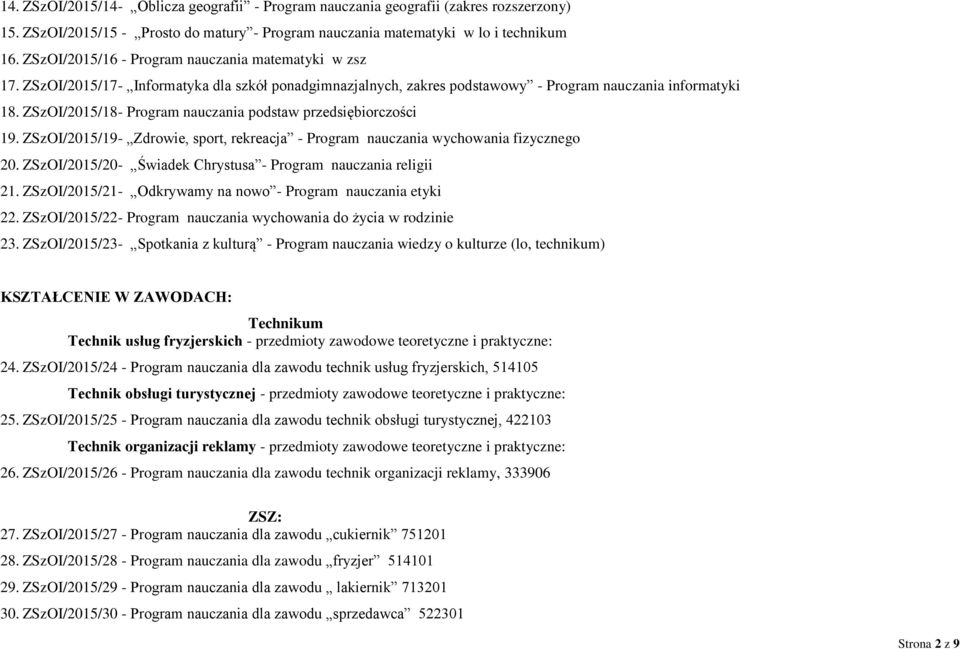 ZSzOI/2015/18- Program nauczania podstaw przedsiębiorczości 19. ZSzOI/2015/19- Zdrowie, sport, rekreacja - Program nauczania wychowania fizycznego 20.