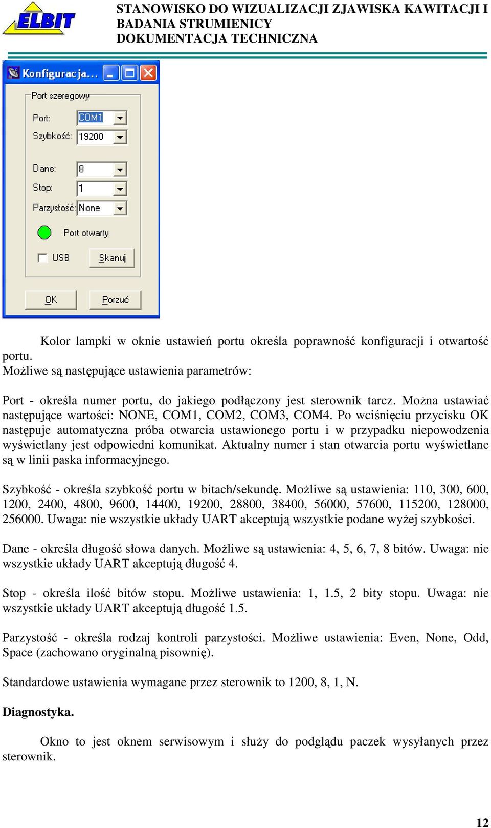 Po wciśnięciu przycisku OK następuje automatyczna próba otwarcia ustawionego portu i w przypadku niepowodzenia wyświetlany jest odpowiedni komunikat.