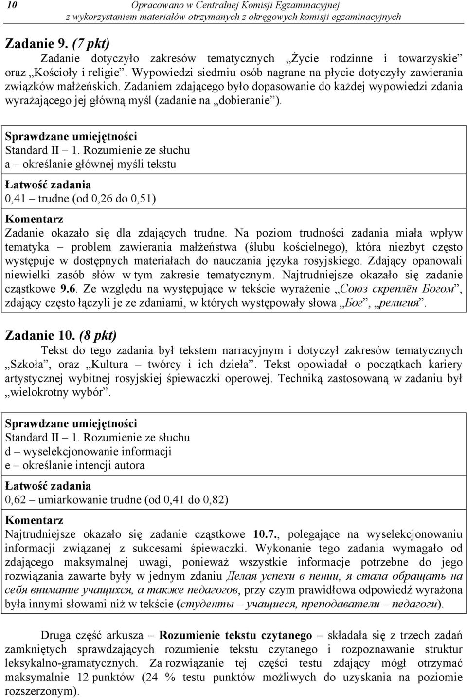 Zadaniem zdającego było dopasowanie do każdej wypowiedzi zdania wyrażającego jej główną myśl (zadanie na dobieranie ). Standard II 1.