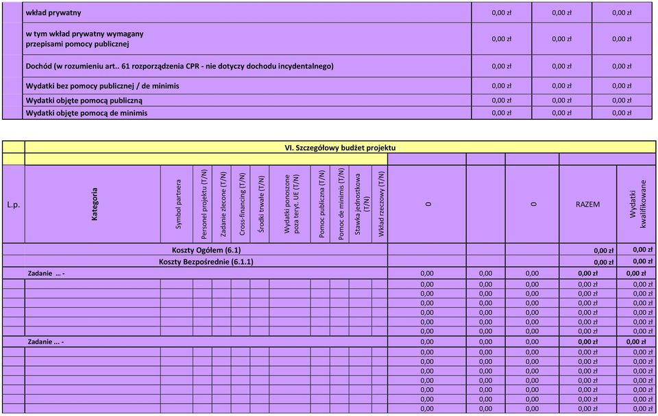 VI. Szczegółowy budżet projektu L.p. Kategoria Symbol partnera Personel projektu (T/N) Zadanie zlecone (T/N) Cross-financing (T/N) Środki trwałe (T/N) Wydatki ponoszone poza teryt.