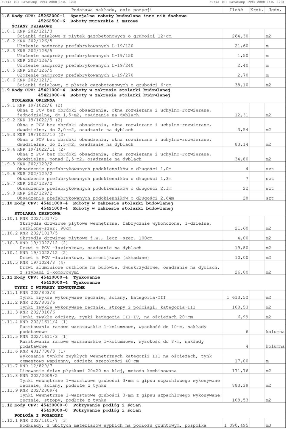 8.5 KNR 202/126/5 Ułożenie nadproży prefabrykowanych L-19/270 2,70 m 1.8.6 KNR 202/121/1 Ścianki działowe, z płytek gazobetonowych o grubości 6 cm 38,10 m2 1.