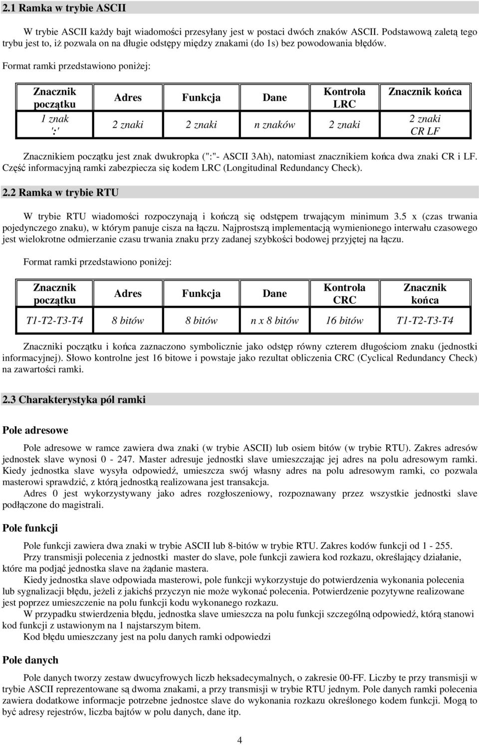 Format ramki przedstawiono poniŝej: Znacznik początku 1 znak ':' Adres Funkcja Dane Kontrola LRC 2 znaki 2 znaki n znaków 2 znaki Znacznik końca 2 znaki CR LF Znacznikiem początku jest znak dwukropka