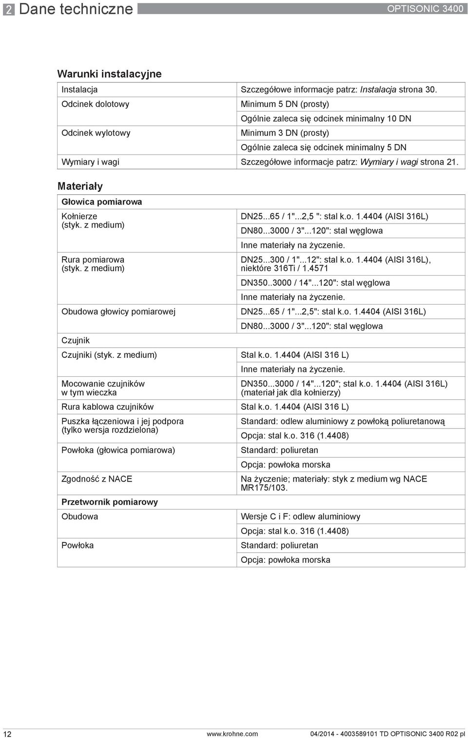 informacje patrz: Wymiary i wagi strona 21. Materiały Głowica pomiarowa Kołnierze (styk. z medium) DN25...65 / 1"...2,5 ": stal k.o. 1.4404 (AISI 316L) DN80...3000 / 3".