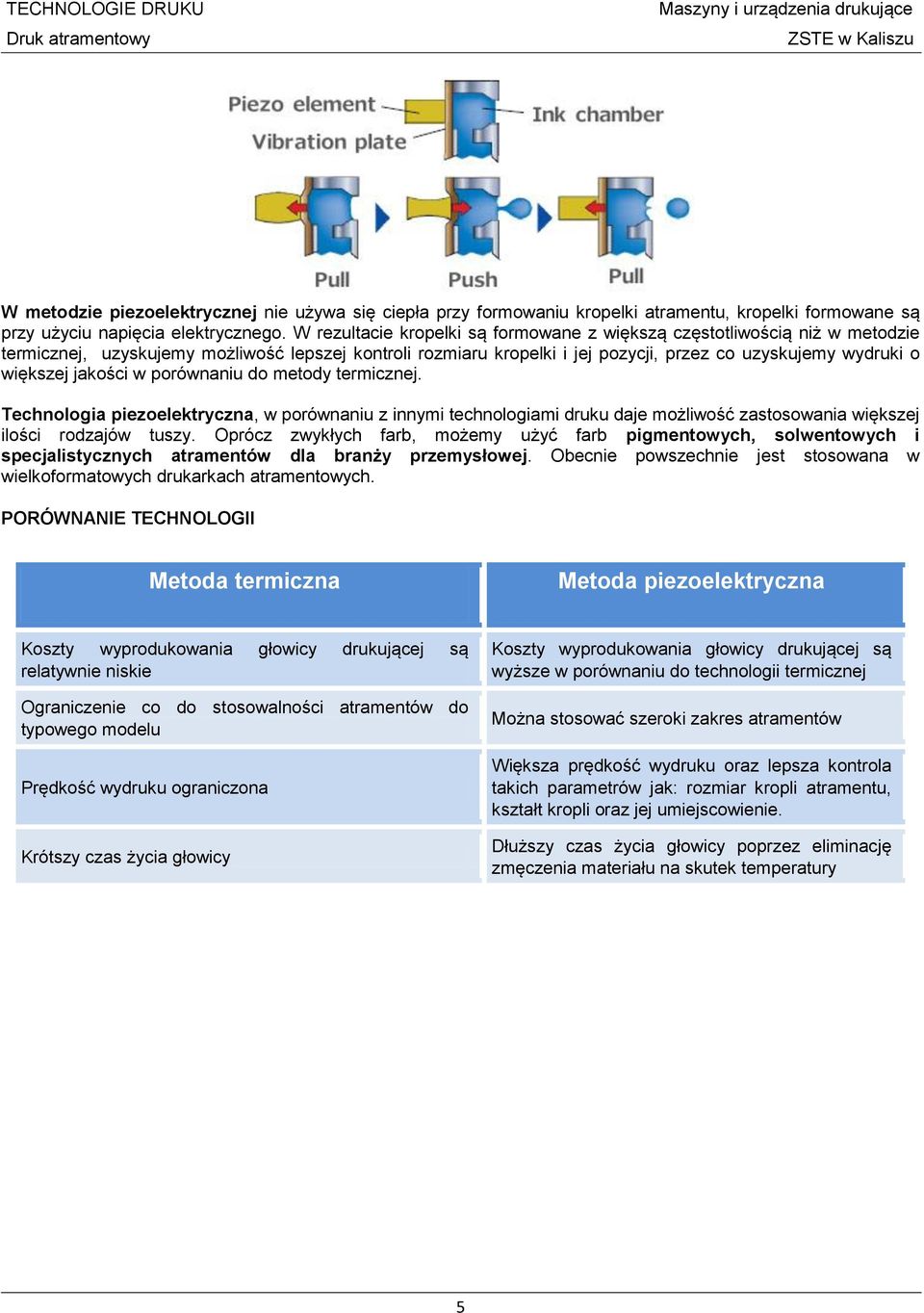 jakości w porównaniu do metody termicznej. Technologia piezoelektryczna, w porównaniu z innymi technologiami druku daje możliwość zastosowania większej ilości rodzajów tuszy.