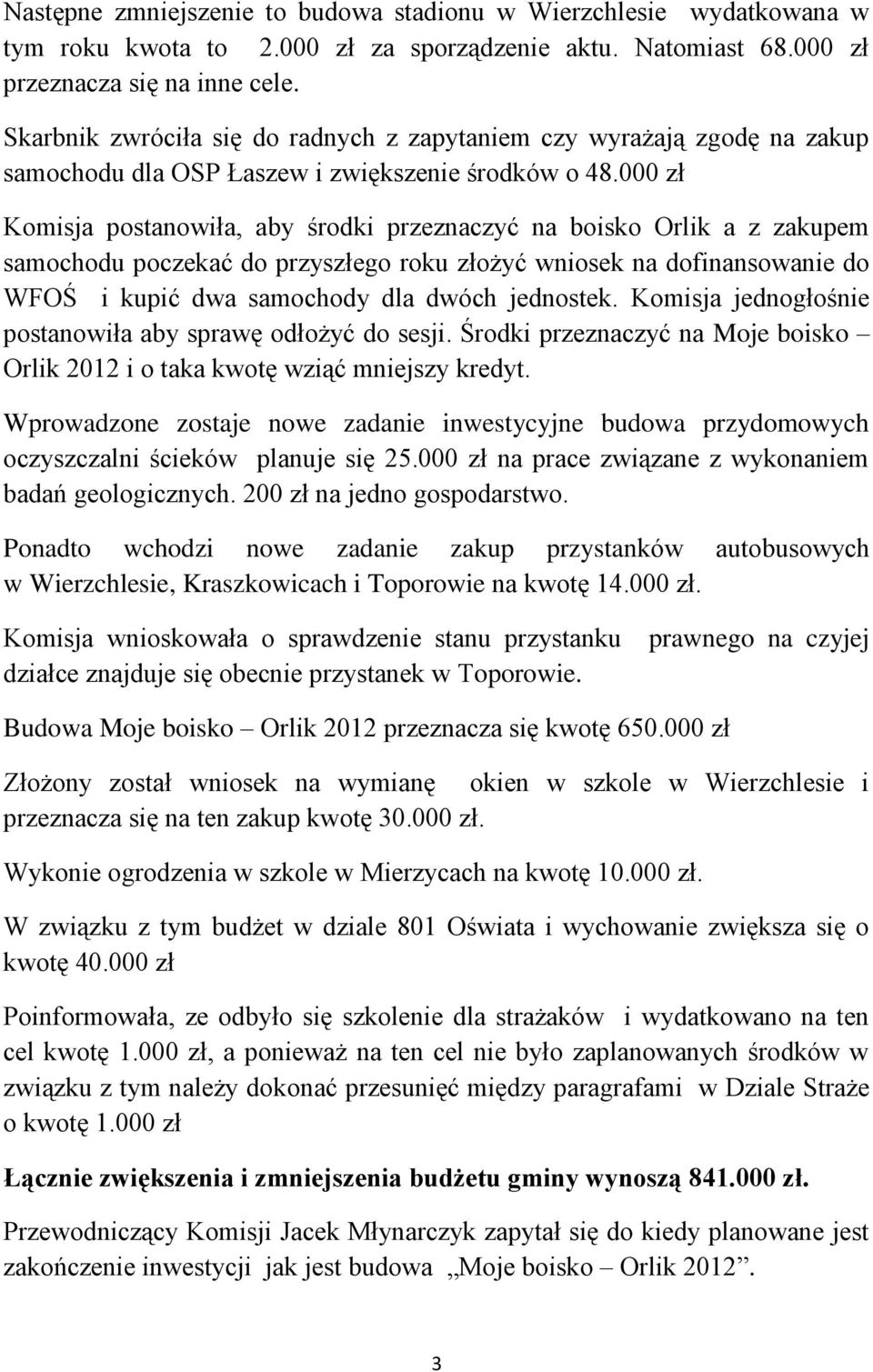 000 zł Komisja postanowiła, aby środki przeznaczyć na boisko Orlik a z zakupem samochodu poczekać do przyszłego roku złożyć wniosek na dofinansowanie do WFOŚ i kupić dwa samochody dla dwóch jednostek.