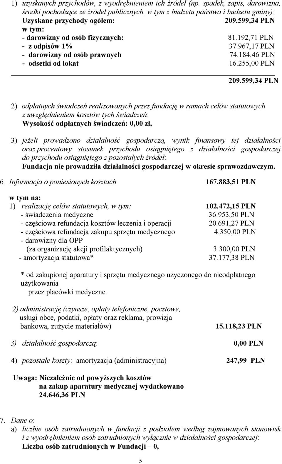 599,34 PLN 2) odpłatnych świadczeń realizowanych przez fundację w ramach celów statutowych z uwzględnieniem kosztów tych świadczeń: Wysokość odpłatnych świadczeń: 0,00 zł, 3) jeżeli prowadzono