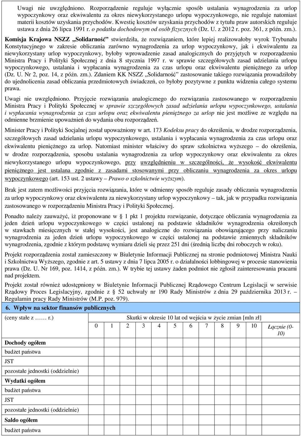 Komisja Krajowa NSZZ Solidarność stwierdziła, że rozwiązaniem, które lepiej realizowałoby wyrok Trybunału Konstytucyjnego w zakresie obliczania zarówno wypoczynkowy, jak i ekwiwalentu za