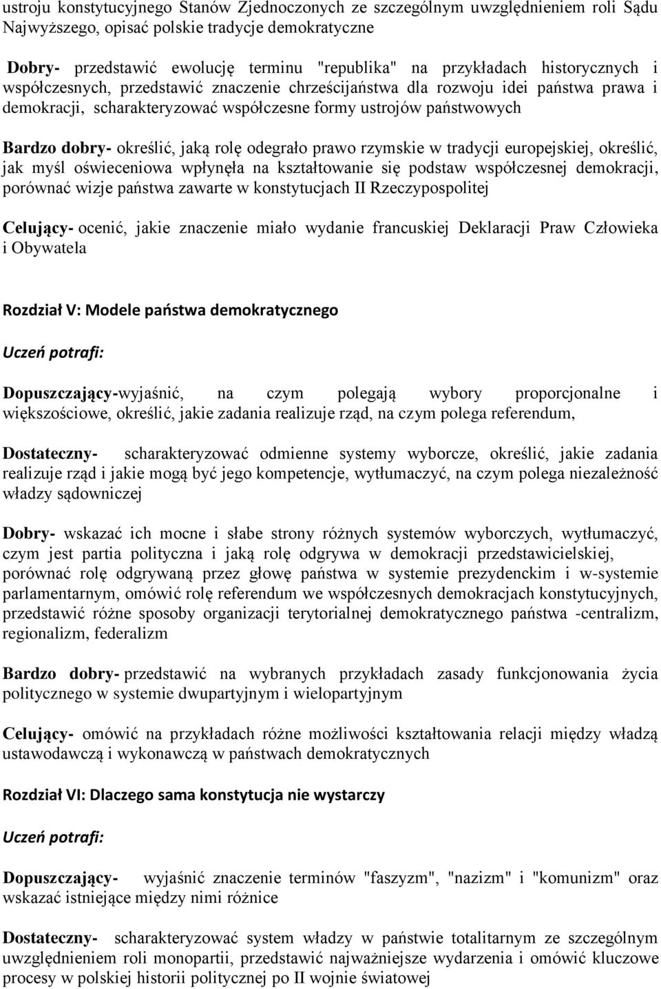 rolę odegrało prawo rzymskie w tradycji europejskiej, określić, jak myśl oświeceniowa wpłynęła na kształtowanie się podstaw współczesnej demokracji, porównać wizje państwa zawarte w konstytucjach II