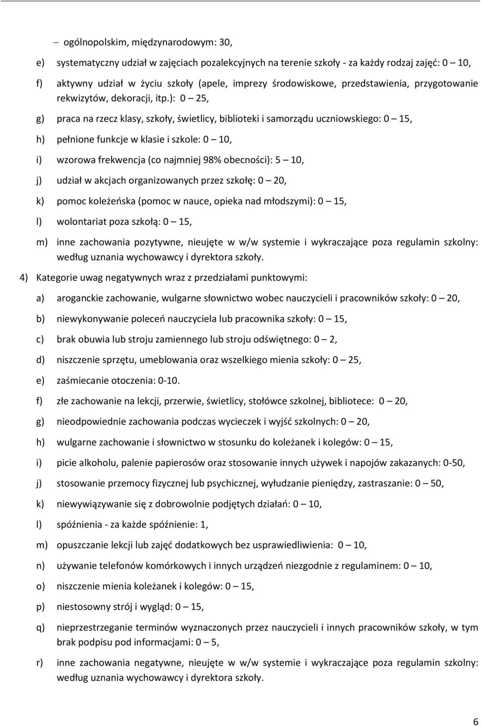 ): 0 25, g) praca na rzecz klasy, szkoły, świetlicy, biblioteki i samorządu uczniowskiego: 0 15, h) pełnione funkcje w klasie i szkole: 0 10, i) wzorowa frekwencja (co najmniej 98% obecności): 5 10,