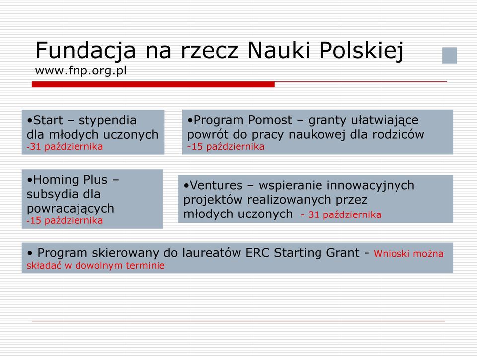 naukowej dla rodziców -15 października Homing Plus subsydia dla powracających -15 października Ventures