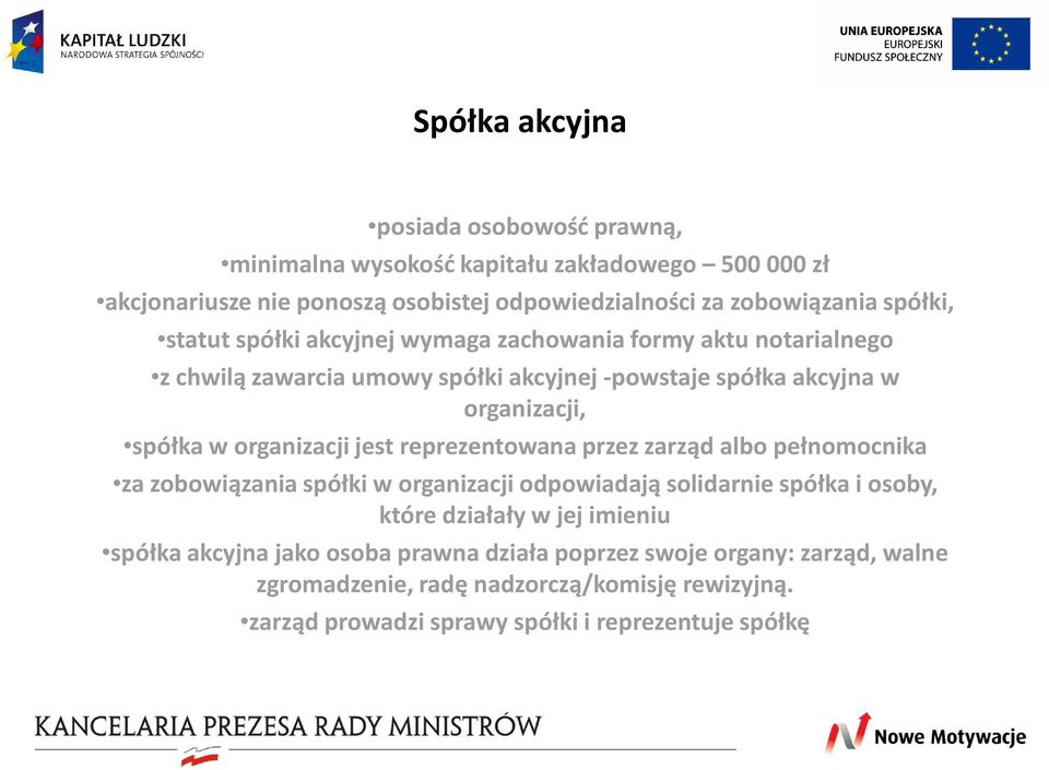 organizacji jest reprezentowana przez zarząd albo pełnomocnika za zobowiązania spółki w organizacji odpowiadają solidarnie spółka i osoby, które działały w jej