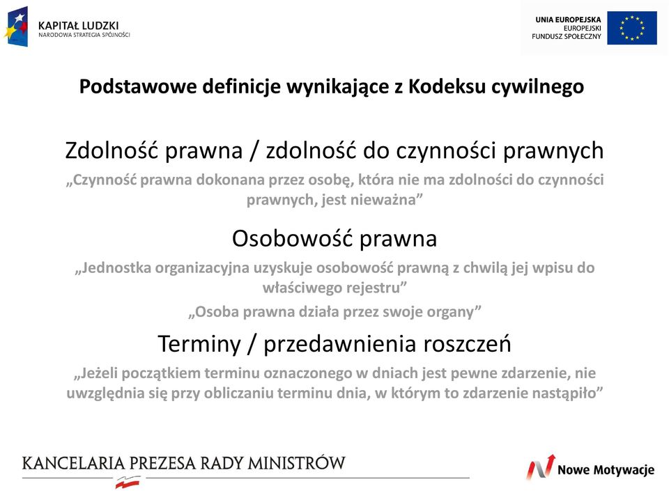 prawną z chwilą jej wpisu do właściwego rejestru Osoba prawna działa przez swoje organy Terminy / przedawnienia roszczeń Jeżeli