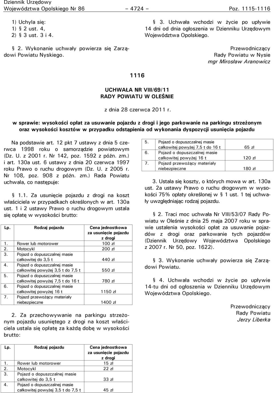 Przewodniczący Rady Powiatu w Nysie mgr Mirosław Aranowicz 1116 UCHWAŁA NR VIII/69/11 RADY POWIATU W OLEŚNIE z dnia 28 czerwca 2011 r.