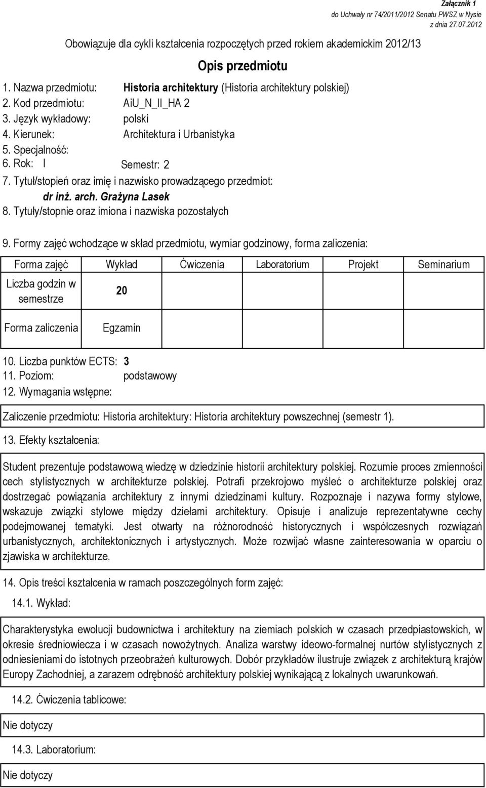 Tytuły/stopnie oraz imiona i nazwiska pozostałych Załącznik 1 do Uchwały nr 74/2011/2012 Senatu PWSZ w Nysie z dnia 27.07.