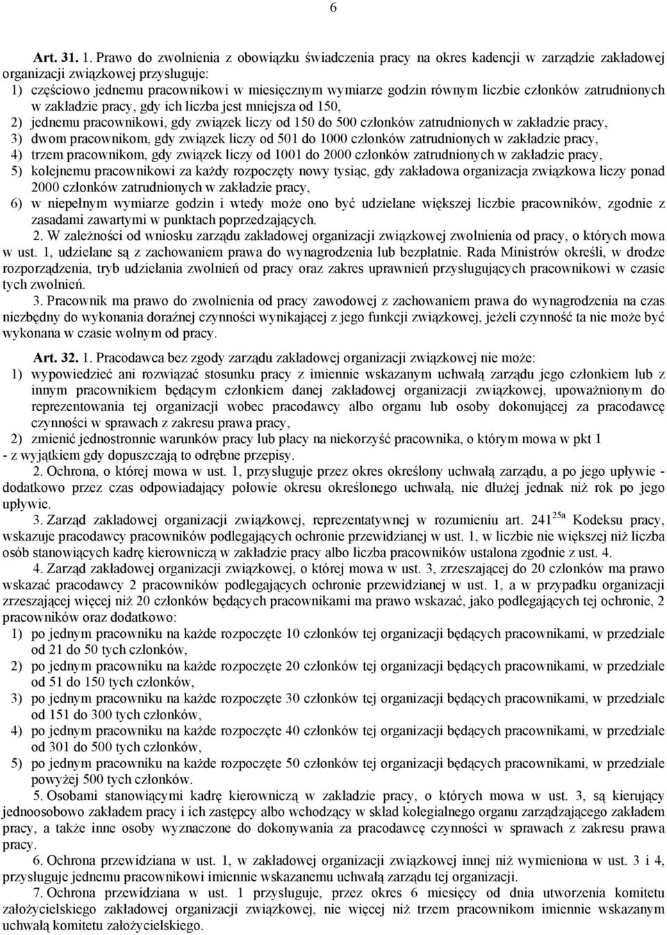 liczbie członków zatrudnionych w zakładzie pracy, gdy ich liczba jest mniejsza od 150, 2) jednemu pracownikowi, gdy związek liczy od 150 do 500 członków zatrudnionych w zakładzie pracy, 3) dwom