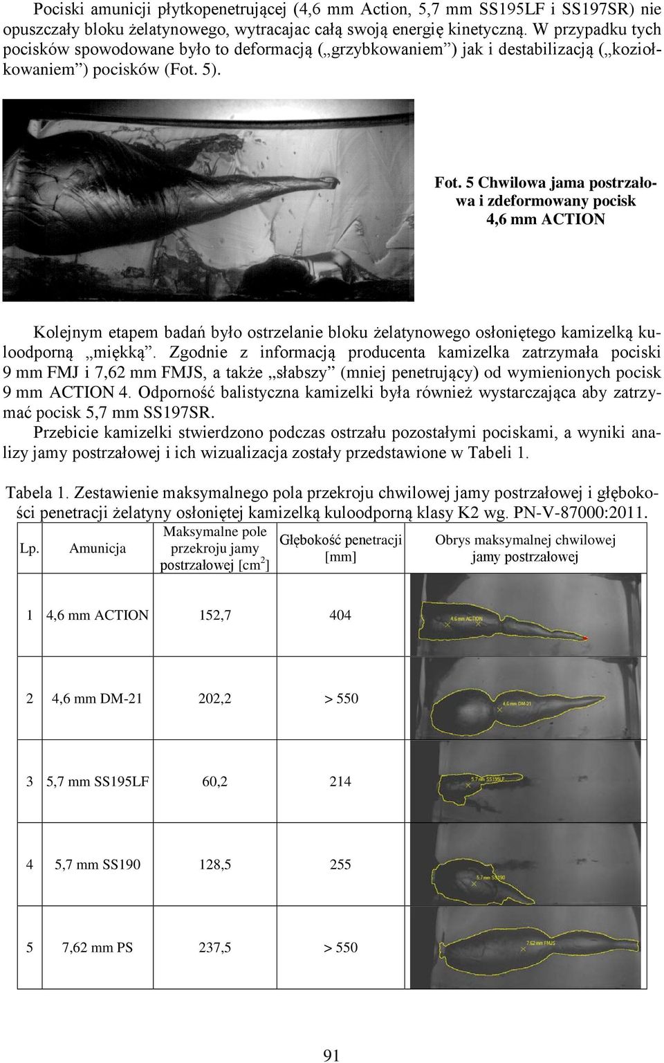 5 Chwilowa jama postrzałowa i zdeformowany pocisk 4,6 mm ACTION Kolejnym etapem badań było ostrzelanie bloku żelatynowego osłoniętego kamizelką kuloodporną miękką.