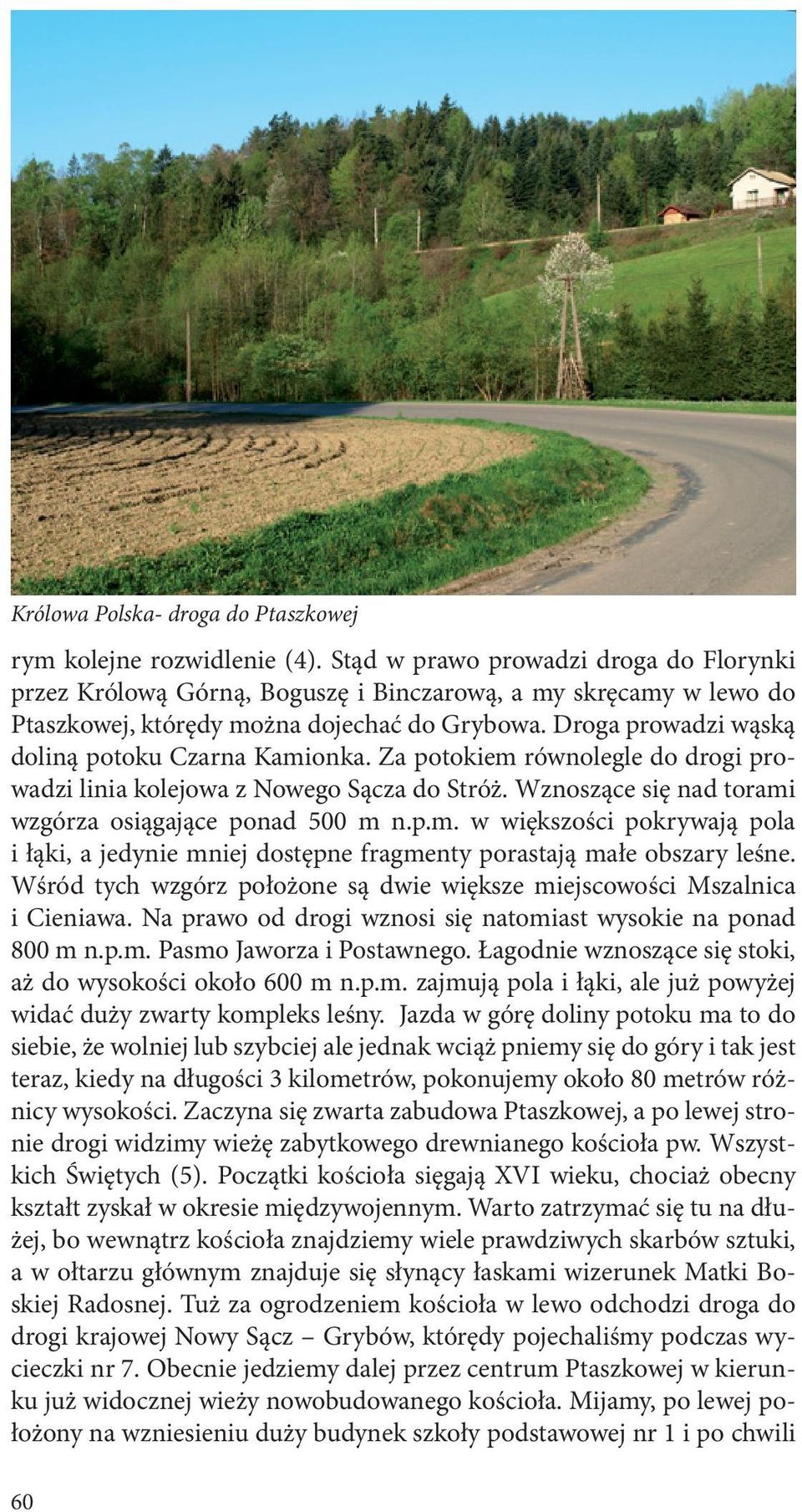 Droga prowadzi wąską doliną potoku Czarna Kamionka. Za potokiem równolegle do drogi prowadzi linia kolejowa z Nowego Sącza do Stróż. Wznoszące się nad torami wzgórza osiągające ponad 500 m n.p.m. w większości pokrywają pola i łąki, a jedynie mniej dostępne fragmenty porastają małe obszary leśne.