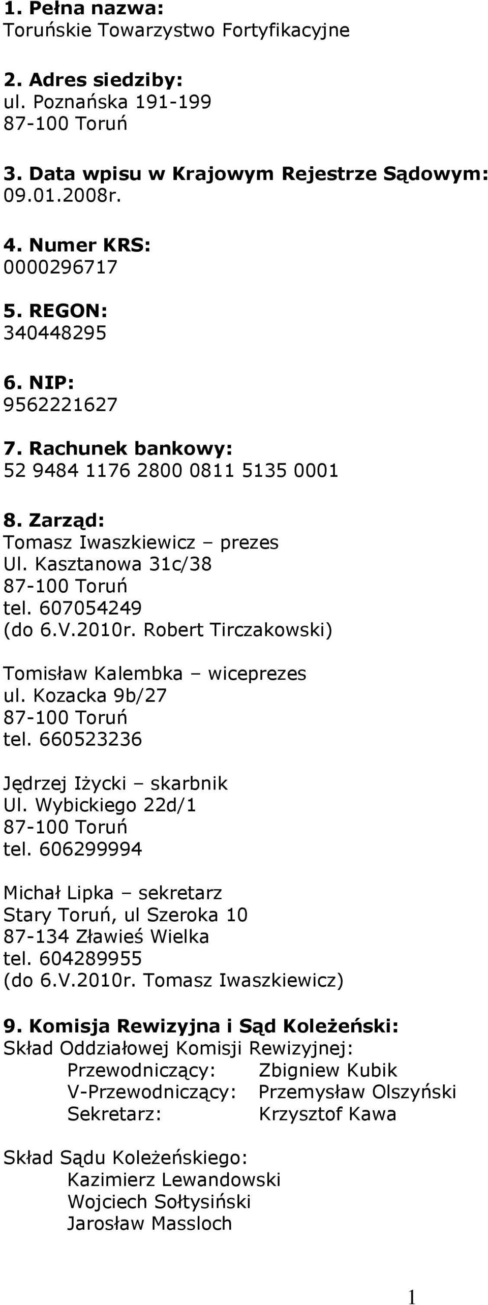 Robert Tirczakowski) Tomisław Kalembka wiceprezes ul. Kozacka 9b/27 tel. 660523236 Jędrzej Iżycki skarbnik Ul. Wybickiego 22d/1 tel.