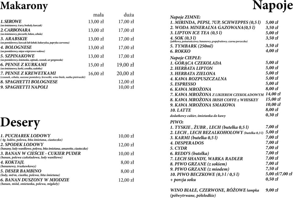 PENNE Z KREWETKAMI (czosnek, cebula, suszone pomidory, krewetki, wino białe, natka pietruszki) 8. SPAGHETTI BOLOGNESE 9. SPAGHETTI NAPOLI Desery 1. PUCHAREK LODOWY ( 4g.