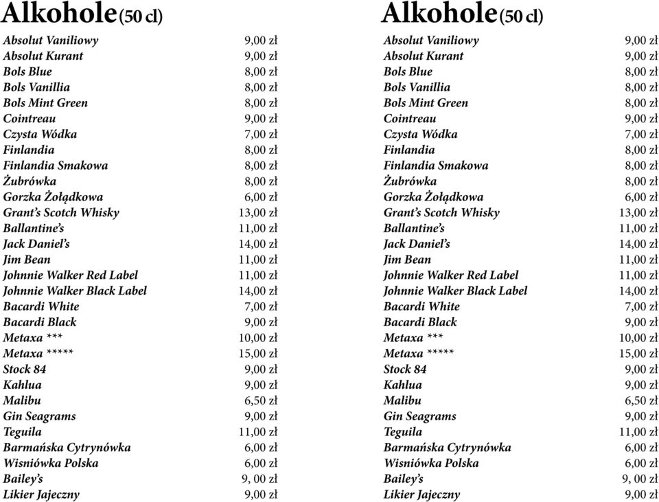 Barmańska Cytrynówka Wisniówka Polska Bailey s Likier Jajeczny 6,50 zł 9, 00 zł Absolut Vaniliowy Absolut Kurant Bols Blue Bols Vanillia Bols Mint Green Cointreau Czysta Wódka Finlandia Finlandia