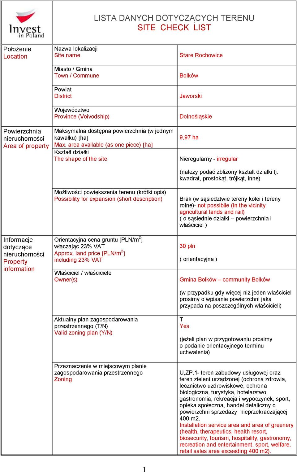area available (as one piece) [ha] Kształt działki The shape of the site 9,97 ha ieregularny - irregular (należy podać zbliżony kształt działki tj.