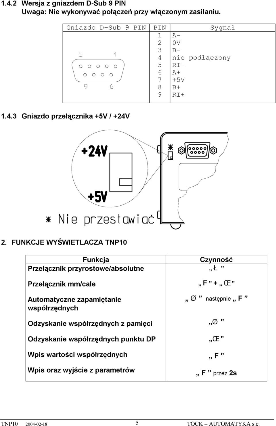 FUNKCJE WYŚWIETLACZA TNP10 Funkcja Przełącznik przyrostowe/absolutne Przełącznik mm/cale Automatyczne zapamiętanie współrzędnych