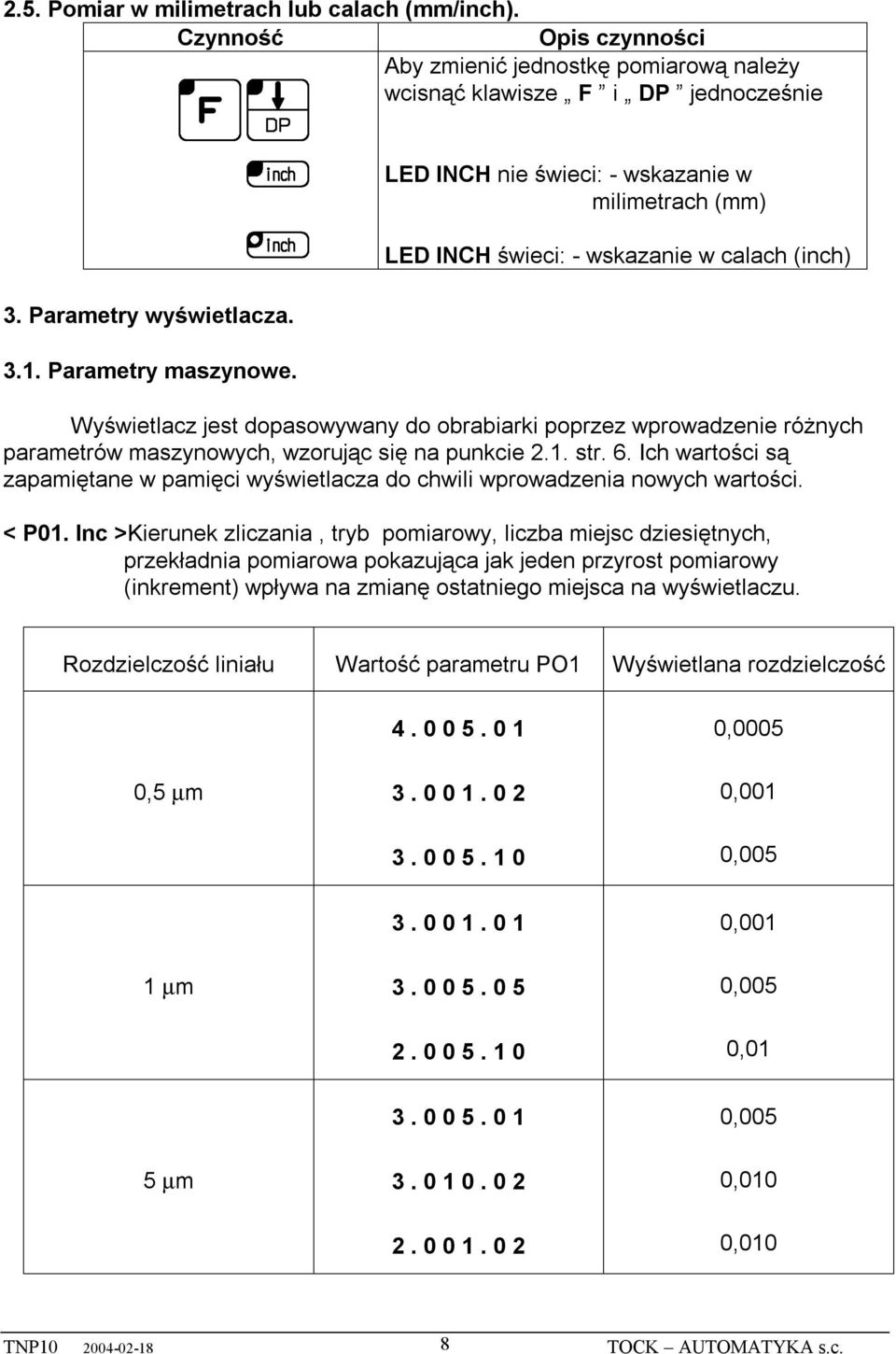 wzorując się na punkcie 2.1. str. 6. Ich wartości są zapamiętane w pamięci wyświetlacza do chwili wprowadzenia nowych wartości. < P01.