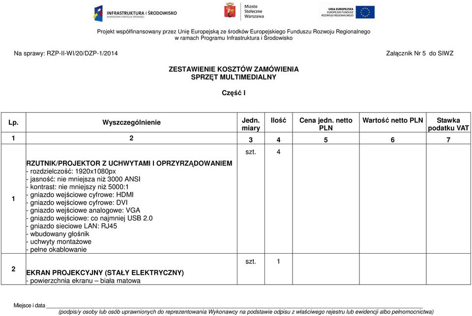 4 1 2 RZUTNIK/PROJEKTOR Z UCHWYTAMI I OPRZYRZĄDOWANIEM - rozdzielczość: 1920x1080px - jasność: nie mniejsza niż 3000 ANSI - kontrast: nie mniejszy niż 5000:1 - gniazdo wejściowe cyfrowe: HDMI -