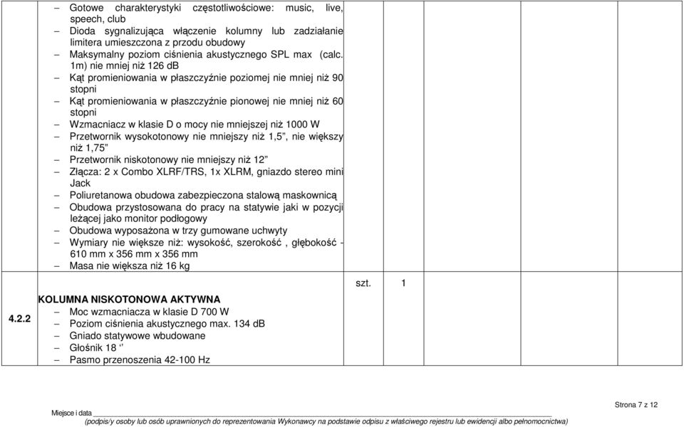 1m) nie mniej niż 126 db Kąt promieniowania w płaszczyźnie poziomej nie mniej niż 90 stopni Kąt promieniowania w płaszczyźnie pionowej nie mniej niż 60 stopni Wzmacniacz w klasie D o mocy nie