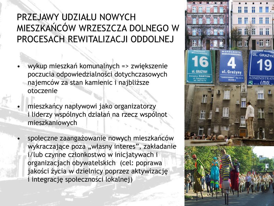 działań na rzecz wspólnot mieszkaniowych społeczne zaangażowanie nowych mieszkańców wykraczające poza własny interes, zakładanie i/lub czynne