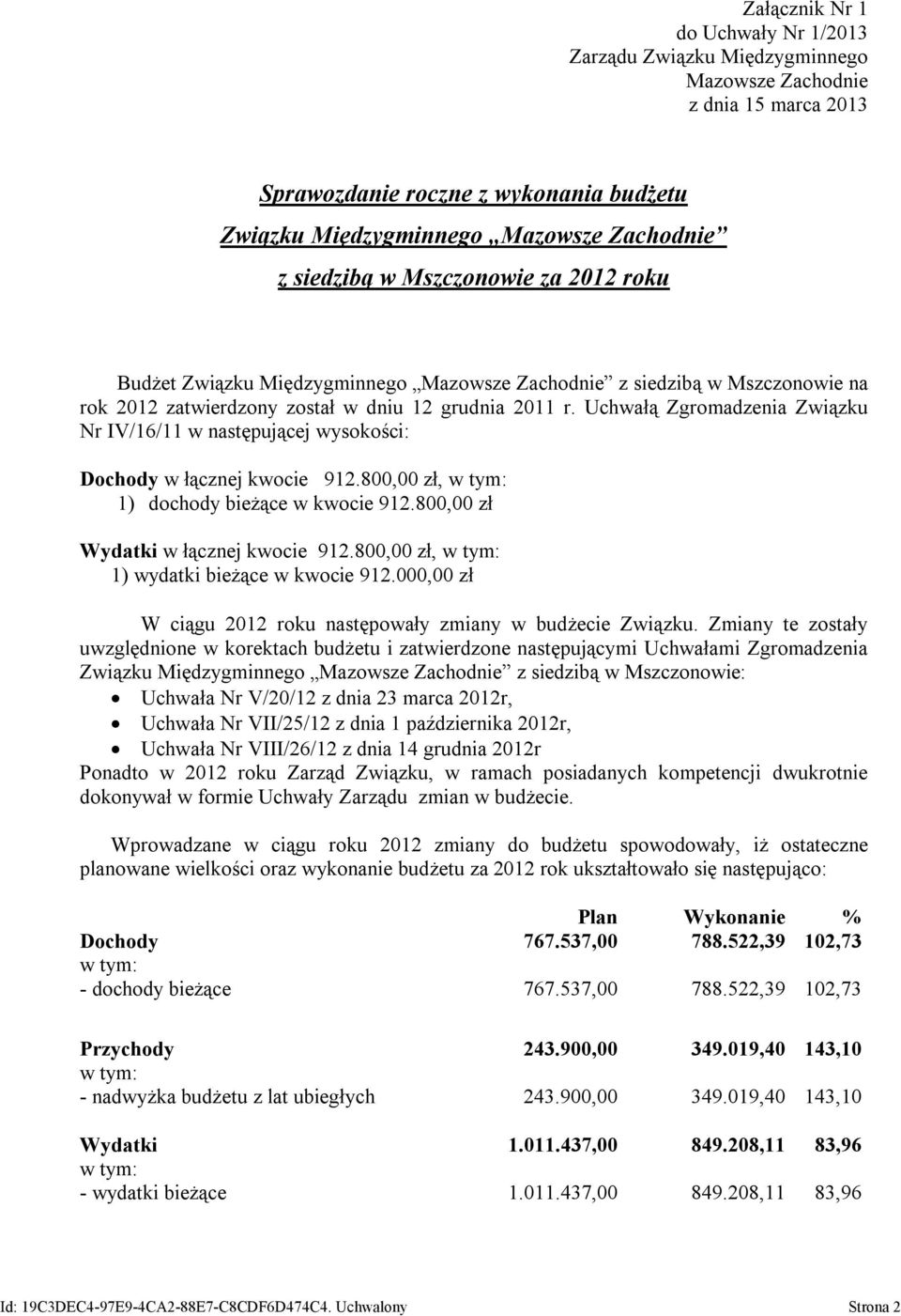 Uchwałą Zgromadzenia Związku Nr IV/16/11 w następującej wysokości: Dochody w łącznej kwocie 912.800,00 zł, w tym: 1) dochody bieżące w kwocie 912.800,00 zł Wydatki w łącznej kwocie 912.