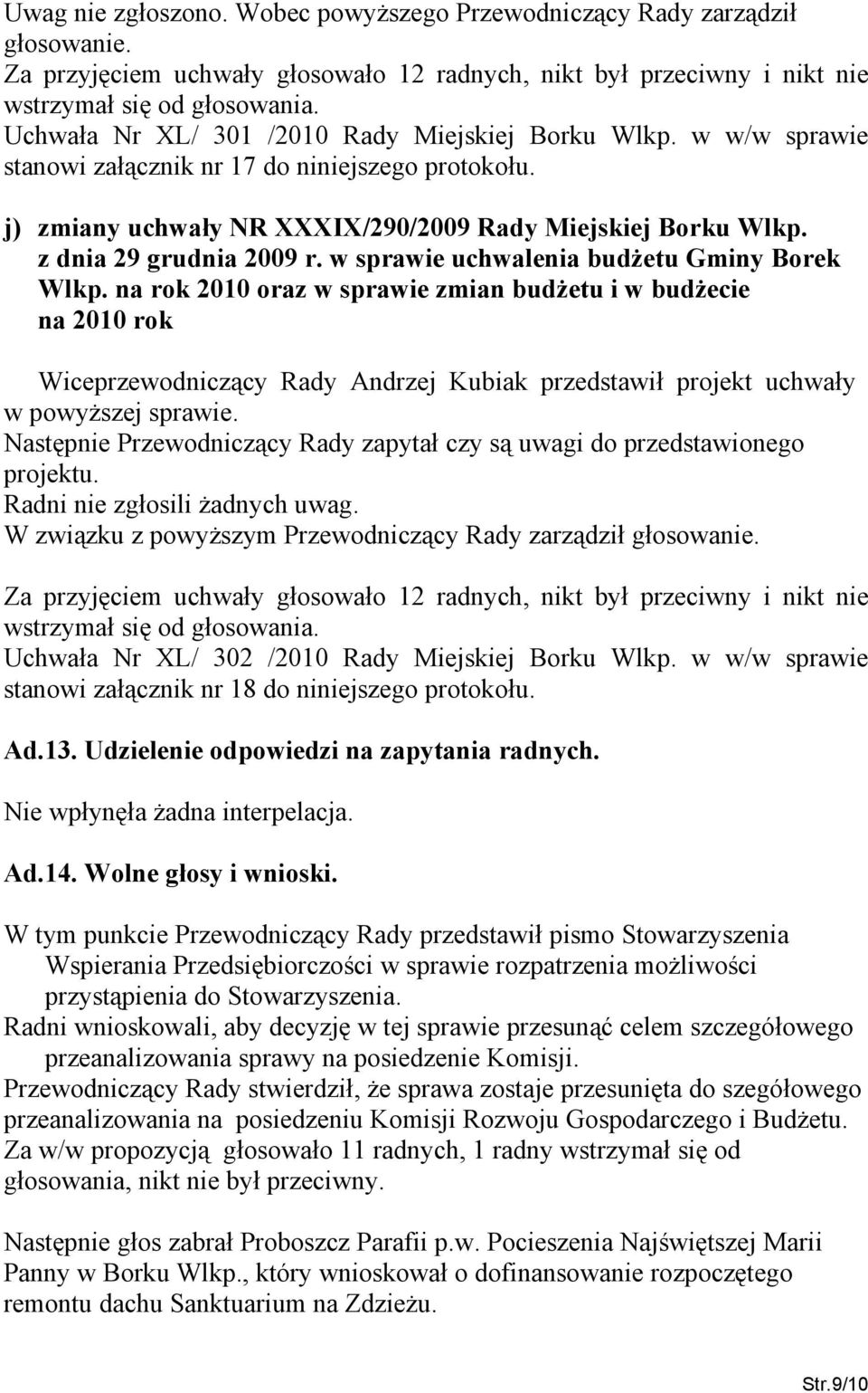 z dnia 29 grudnia 2009 r. w sprawie uchwalenia budżetu Gminy Borek Wlkp.
