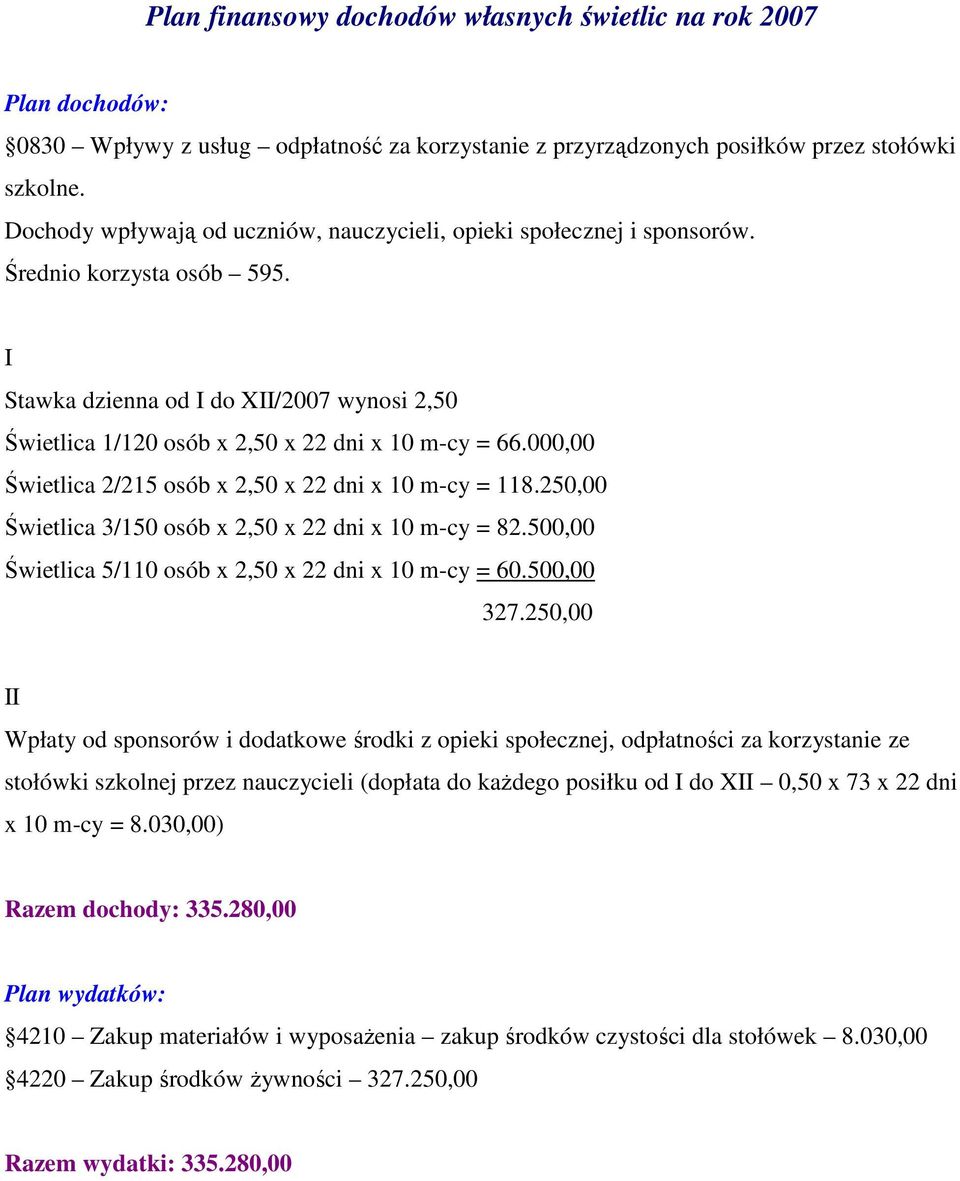 000,00 Świetlica 2/215 osób x 2,50 x 22 dni x 10 m-cy = 118.250,00 Świetlica 3/150 osób x 2,50 x 22 dni x 10 m-cy = 82.500,00 Świetlica 5/110 osób x 2,50 x 22 dni x 10 m-cy = 60.500,00 327.