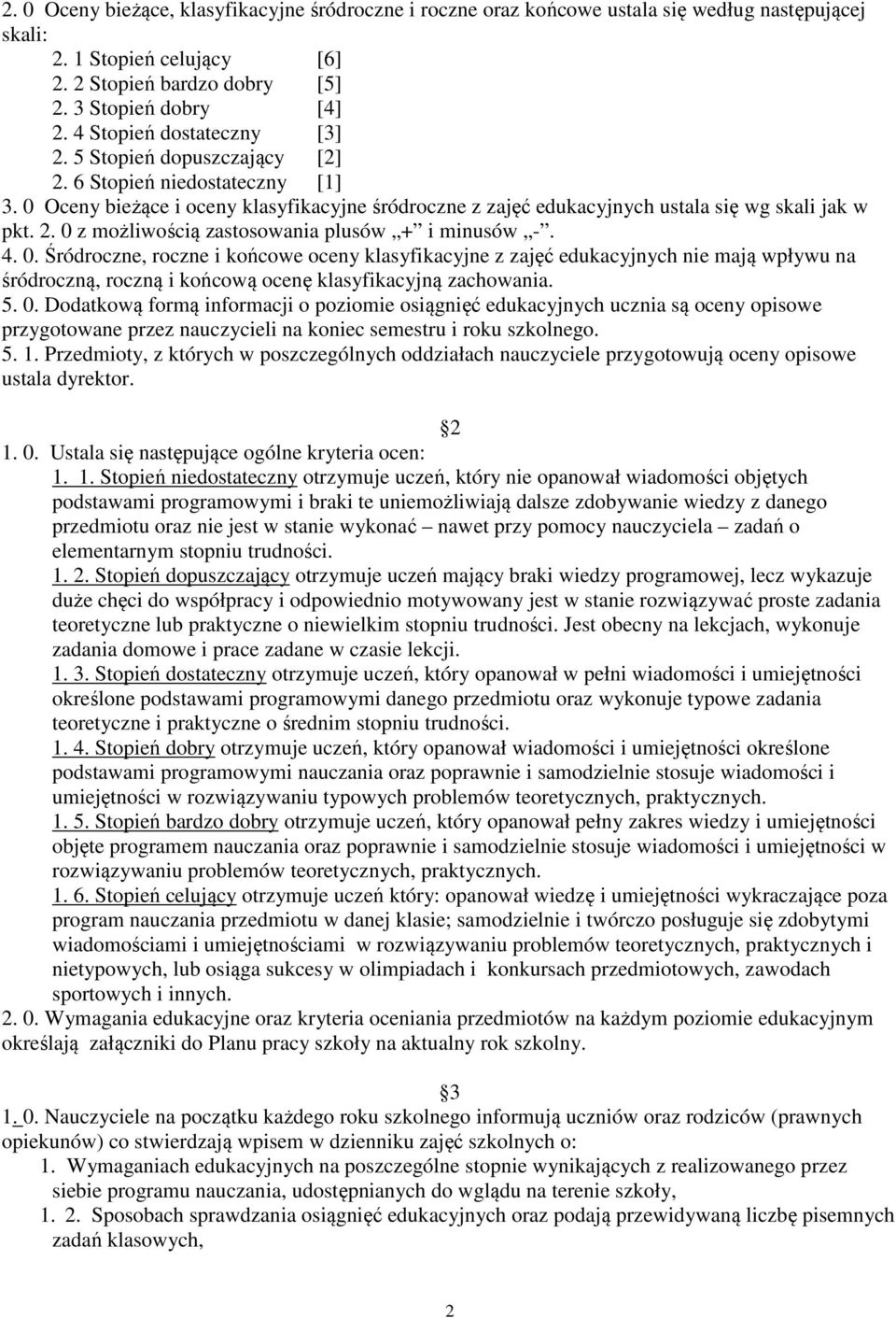 4. 0. Śródroczne, roczne i końcowe oceny klasyfikacyjne z zajęć edukacyjnych nie mają wpływu na śródroczną, roczną i końcową ocenę klasyfikacyjną zachowania. 5. 0. Dodatkową formą informacji o poziomie osiągnięć edukacyjnych ucznia są oceny opisowe przygotowane przez nauczycieli na koniec semestru i roku szkolnego.