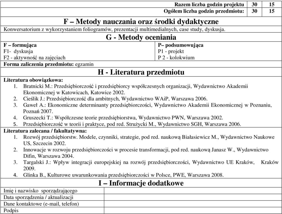 G - Metody oceniania F formująca F- dyskusja F - aktywność na zajęciach Forma zaliczenia przedmiotu: egzamin P podsumowująca P - projekt P - kolokwium H - Literatura przedmiotu Literatura