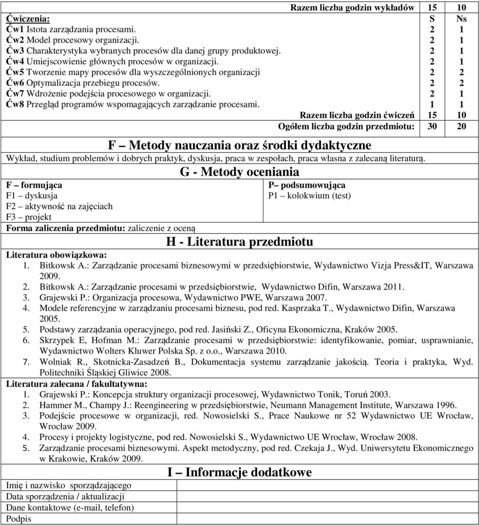 Ćw7 Wdrożenie podejścia procesowego w organizacji. Ćw8 Przegląd programów wspomagających zarządzanie procesami.