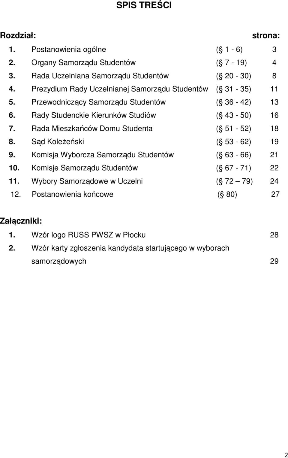 Rada Mieszkańców Domu Studenta ( 51-52) 18 8. Sąd Koleżeński ( 53-62) 19 9. Komisja Wyborcza Samorządu Studentów ( 63-66) 21 10. Komisje Samorządu Studentów ( 67-71) 22 11.