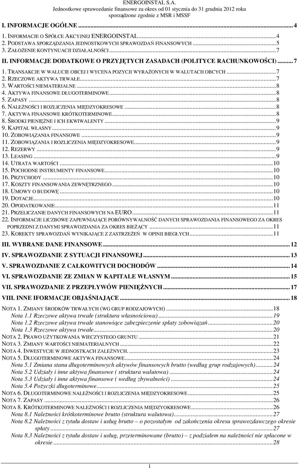WARTOŚCI NIEMATERIALNE...8 4. AKTYWA FINANSOWE DŁUGOTERMINOWE...8 5. ZAPASY...8 6. NALEśNOŚCI I ROZLICZENIA MIĘDZYOKRESOWE...8 7. AKTYWA FINANSOWE KRÓTKOTERMINOWE...8 8.