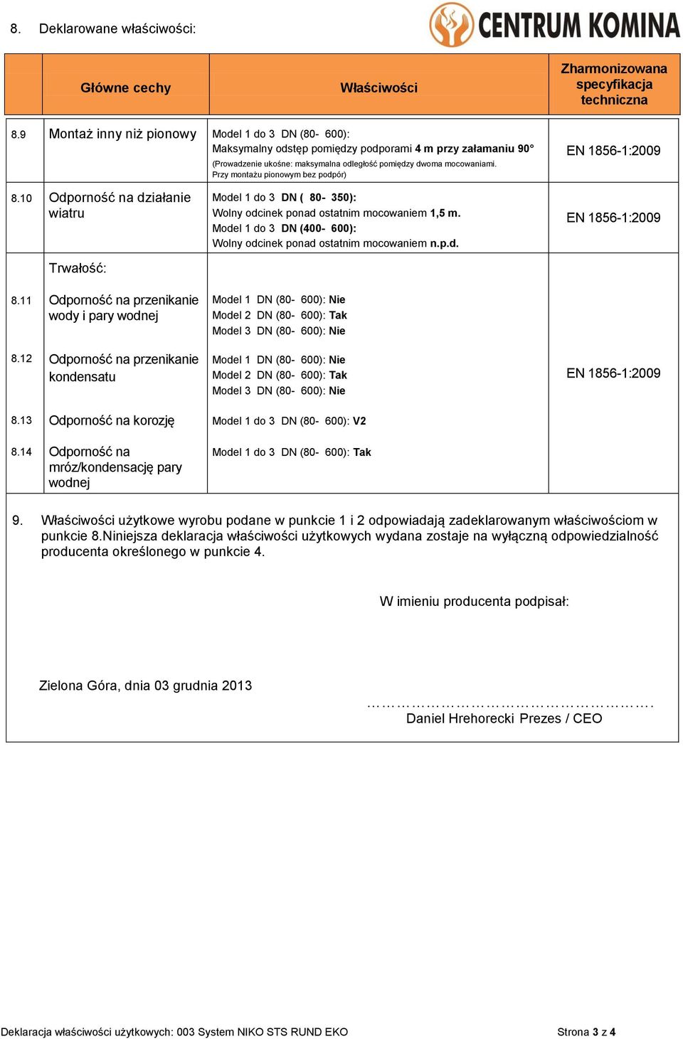 Przy montażu pionowym bez podpór) 8.10 działanie wiatru Trwałość: Model 1 do 3 DN ( 80-350): Wolny odcinek ponad ostatnim mocowaniem 1,5 m.