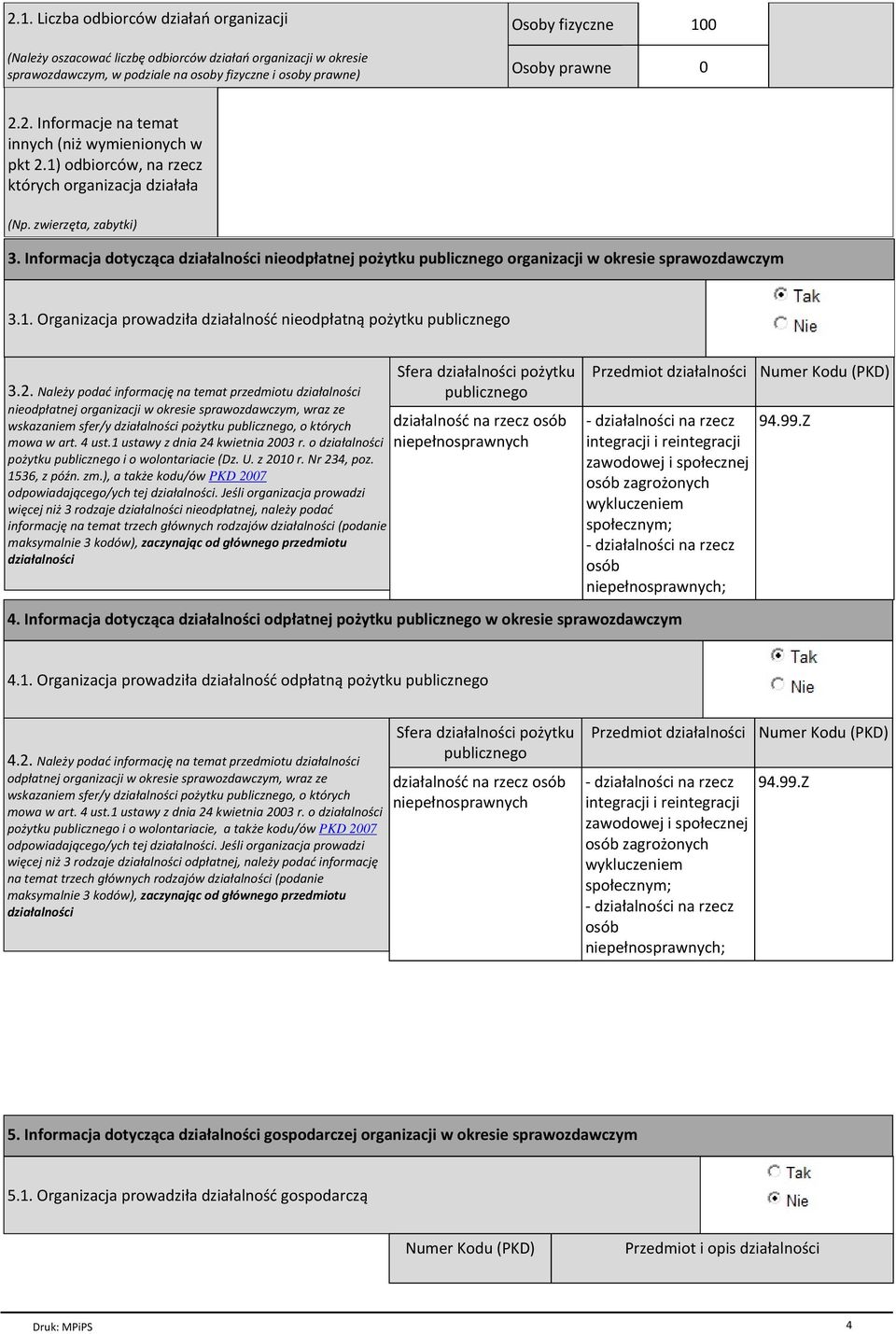 Informacja dotyczйca dziaгalno ci nieodpгatnej poпytku publicznego organizacji w okresie sprawozdawczym 3.1. Organizacja prowadziгa dziaгalno ц nieodpгatnй poпytku publicznego 3.2.