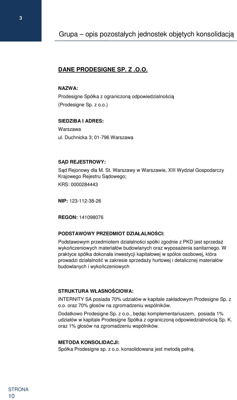 Warszawy w Warszawie, XIII Wydział Gospodarczy Krajowego Rejestru Sądowego; KRS: 284443 NIP: 123-112-38-26 REGON: 1419876 PODSTAWOWY PRZEDMIOT DZIAŁALNOŚCI: Podstawowym przedmiotem działalności