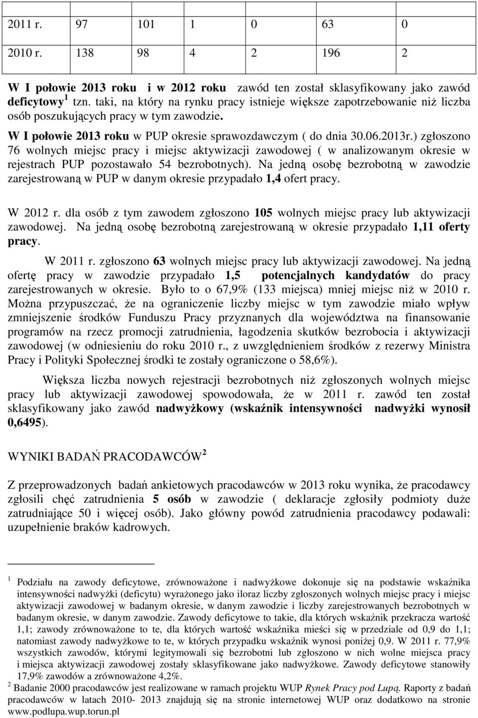 ) zgłoszono 76 wolnych miejsc pracy i miejsc aktywizacji zawodowej ( w analizowanym okresie w rejestrach PUP pozostawało 54 bezrobotnych).