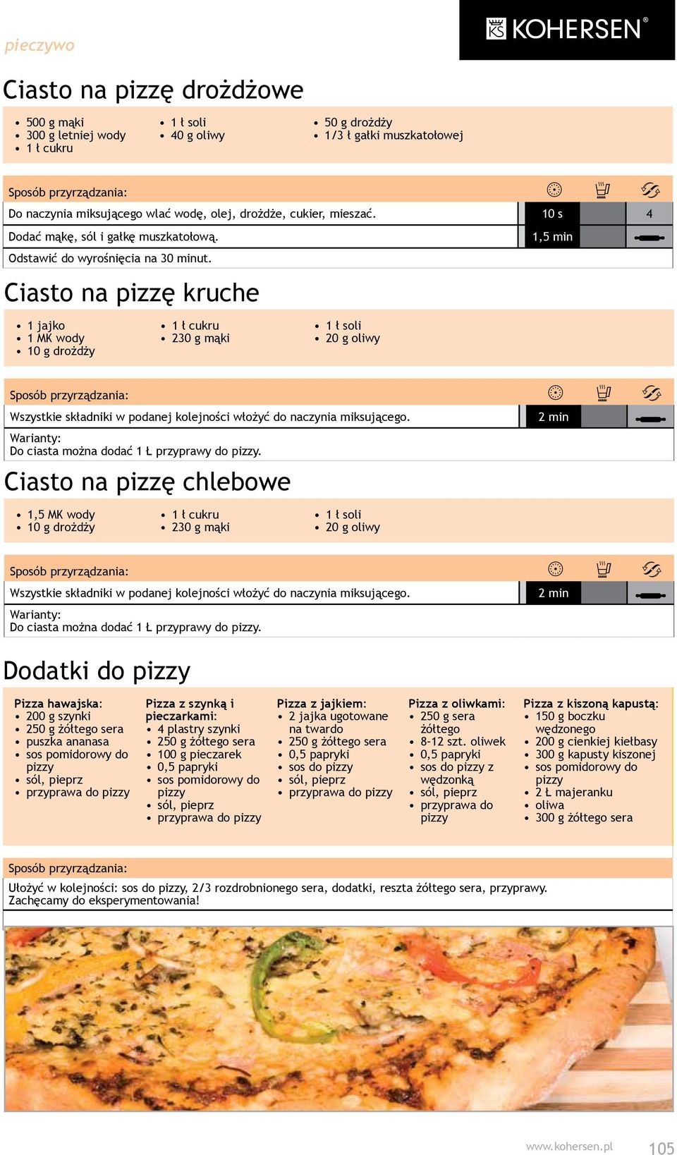 Ciasto na pizzę kruche 1 MK wody 10 g drożdży 230 g mąki Wszystkie składniki w podanej kolejności włożyć do naczynia miksującego. Do ciasta można dodać 1 Ł przyprawy do.