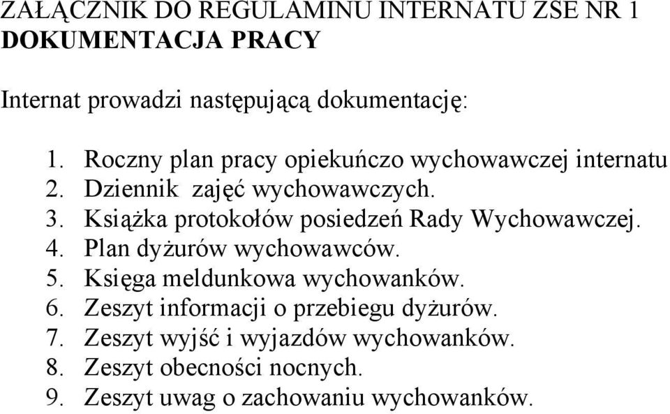 Książka protokołów posiedzeń Rady Wychowawczej. 4. Plan dyżurów wychowawców. 5. Księga meldunkowa wychowanków. 6.